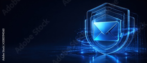 futuristic email icon within a digital security shield concept