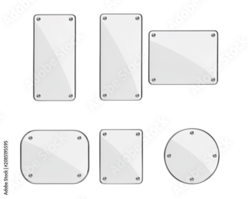 Collection of six transparent glass plates with silver corner screws, isolated on a white background, for signage or, display board mockups