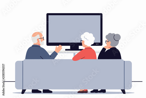 Group of three senior citizens sitting together on a comfortable sofa while intently watching content on a large flat-screen television.