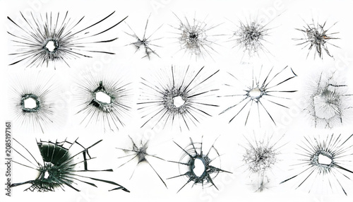 Big collection of cracked and broken glass textures isolated on a white background