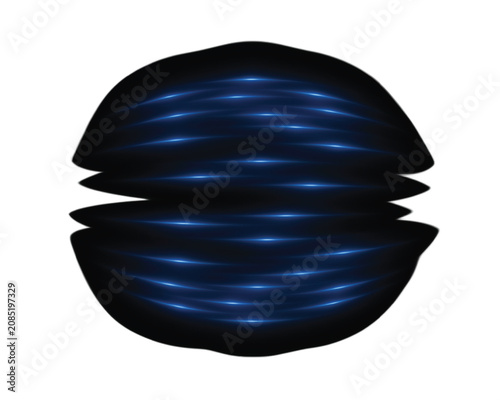 Dark blue glowing sphere with horizontal light streaks and a central gap, isolated on a white background, for futuristic digital, interface use