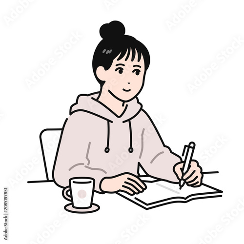 ノートに書き込むまとめ髪の若い女性のシンプルなベクターイラスト素材