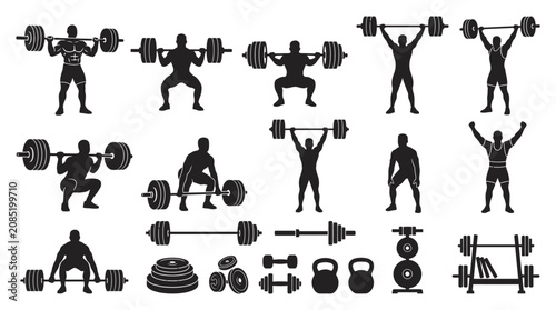 Bild auf Leinwand Weightlifting silhouettes with barbells and kettlebells black on white backgroun
