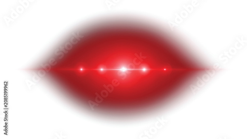 Intense red light flare effect with a bright central core and soft horizontal glowing streaks isolated on a plain white background