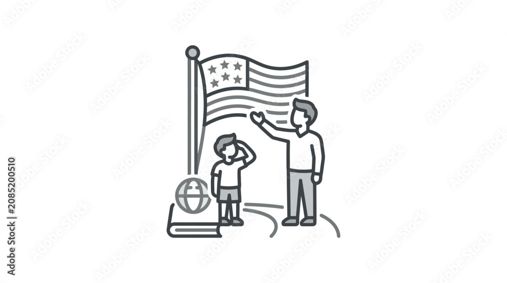 Fototapeta premium Modern Minimalist Line Drawing of American Flag with Family and Globe Symbolizing Patriotism and Global Unity
