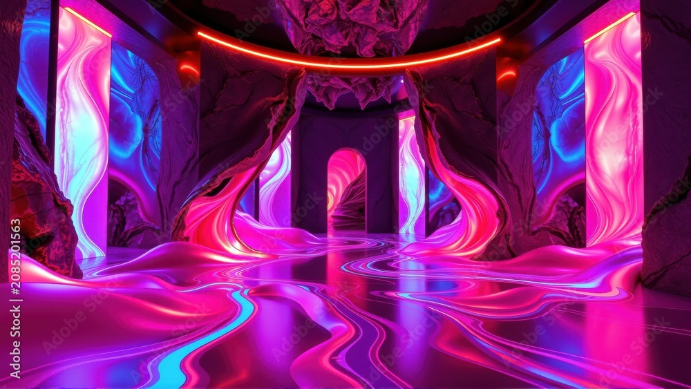 Fototapeta premium Futuristic interior. Swirling neon lights illuminate dark cavernous space. Dramatic lighting creates surreal atmosphere. Abstract shapes dominate design.