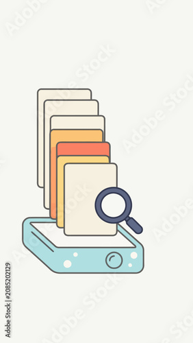 Scanner with stack of papers and magnifying glass