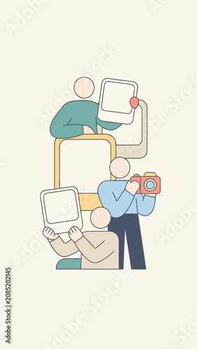 Abstract group holding photo frames and cameras, symbolizing community and shared visual experiences