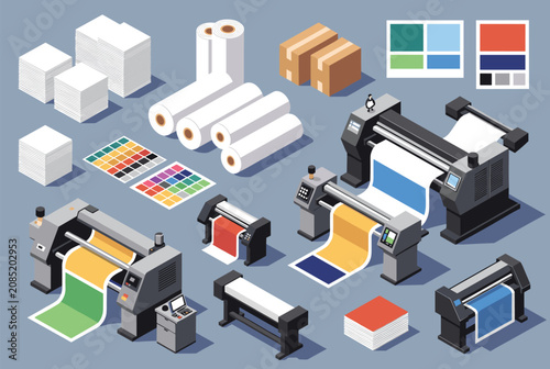 Professional print shop equipment isometric view with large format digital printers paper rolls and color swatch charts.