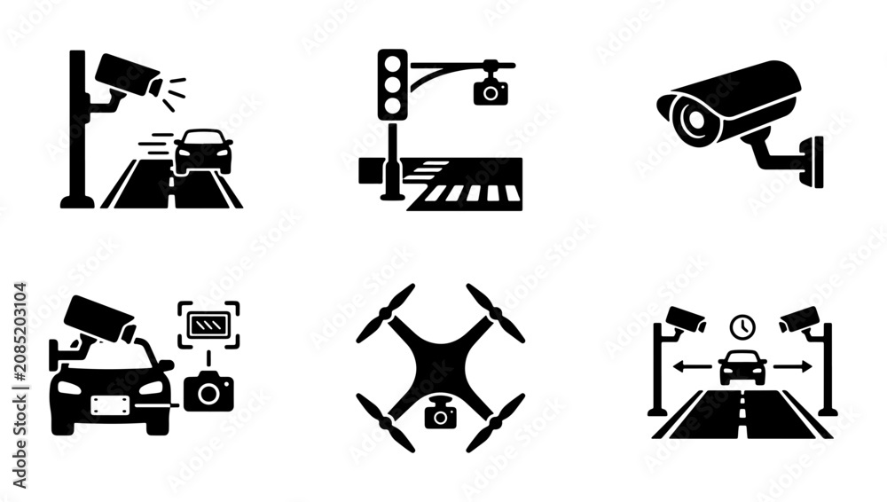 Fototapeta premium Surveillance Camera Icons, Traffic Monitoring, Security Systems, Drone Technology, Vector Set