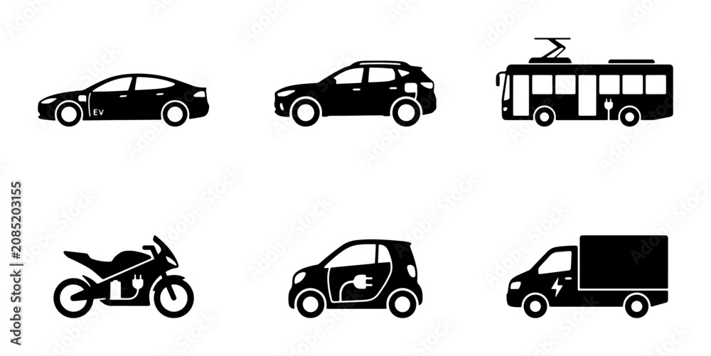Naklejka premium Electric Vehicle Icons: Car, SUV, Bus, Motorcycle, Compact EV, Truck Set