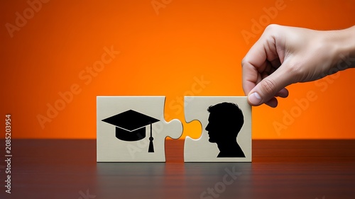Education and personal development concept with graduation cap and human profile puzzle pieces