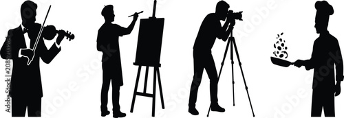 Creative professions silhouettes set featuring violinist painter artist photographer with tripod and chef cooking vector icons
