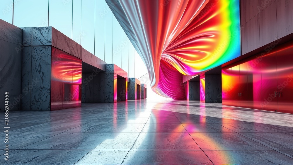 Fototapeta premium Abstract tunnel, vibrant colors radiate from center. Stone pillars frame glossy floor, creating futuristic space. Dramatic lighting enhances depth.