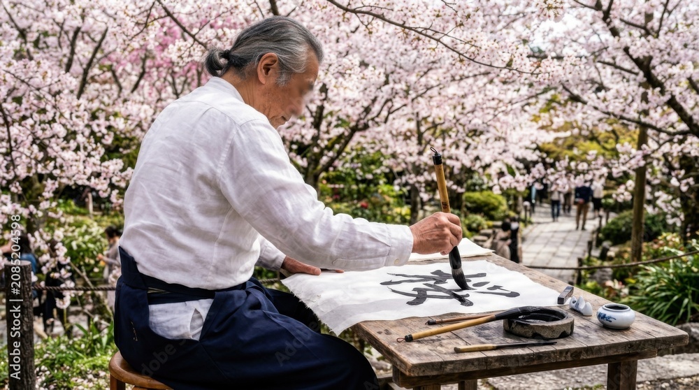 Fototapeta premium Japanese Calligraphy Practice Beneath Sakura Trees