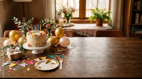 Festive birthday celebration setup with cake balloons and gifts on a wooden table