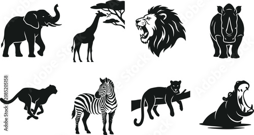 Canvas Print Silhouettes of African savanna animals including elephant, giraffe, lion, rhino,