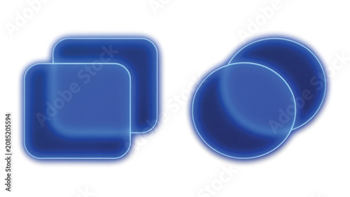 Two pairs of overlapping rounded square and circular shapes with a soft blue glow and translucent appearance on a white background