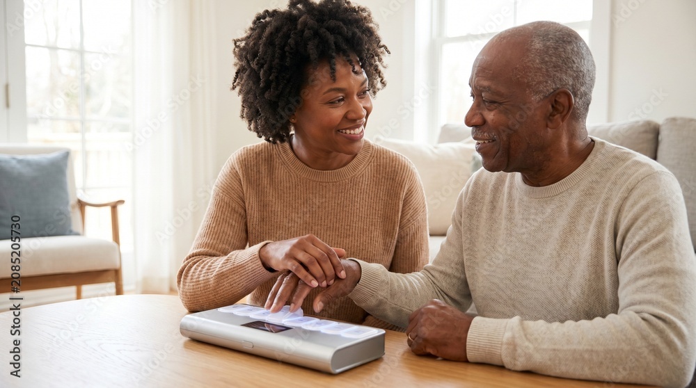 Obraz premium Caregiver Assisting Senior Man With Medication Management at Home