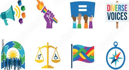 Diversity Equity and Inclusion Social Justice and Human Rights Flat Vector Illustration Icon Set