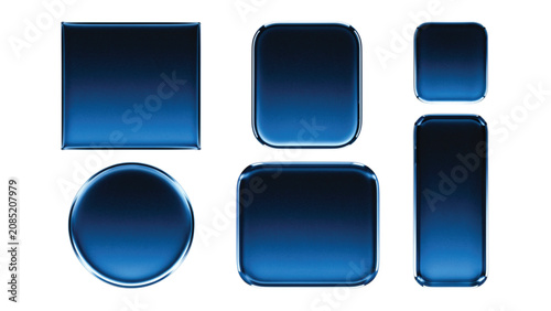 Dark blue gradient buttons with a glossy finish and rounded corners in various shapes isolated on a white background