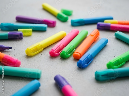 Vibrant Colorful Highlighters Scattered on Gray Textured Surface