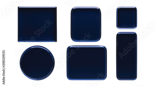 Set of dark navy blue glossy buttons in various geometric shapes including square, rectangle, and circle on a white background