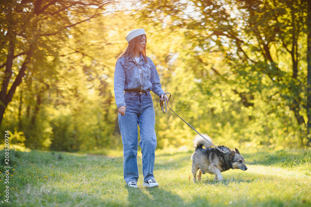 Fototapeta premium Woman walking dog in park during golden hour