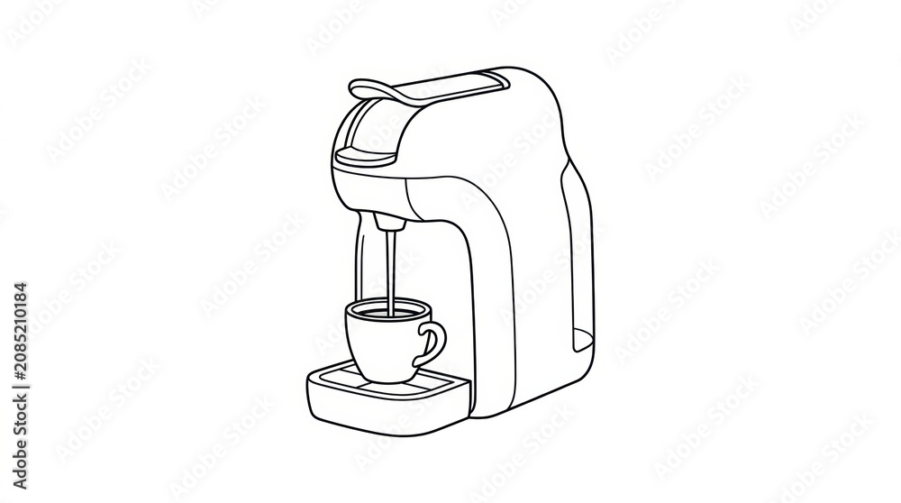 Obraz premium A pod coffee machine brews coffee into a small cup. The design is simple and minimalist, showcasing the coffee-making process.