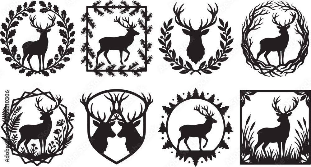 Obraz premium Deer Antler Logos, Silhouette Badges, Wildlife Icons Set