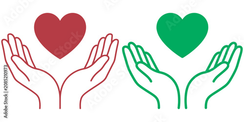 Pair of cupped hands holding colorful heart icons set eps 10