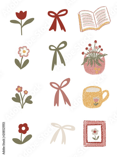 Cute hand drawn retro clipart set with ribbon bows, simple flowers, open book, coffee mug, and photo frame with crayon texture isolated on white background

Cozy aesthetic doodle 