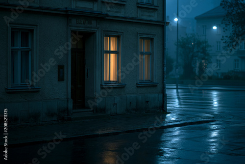 Moody Apartment Building Entrance on Rainy Night with Warm Window Light