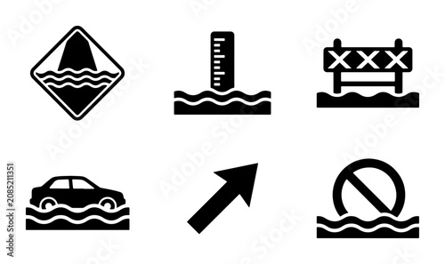 Fotografie Flood Warning Icons Set, Water Level Gauge, Car Submerged, Danger Sign, Vector G