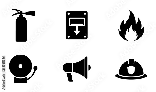 Bild auf Leinwand Fire Safety Icons Set: Extinguisher, Alarm, Helmet, Megaphone, Flame, Panel