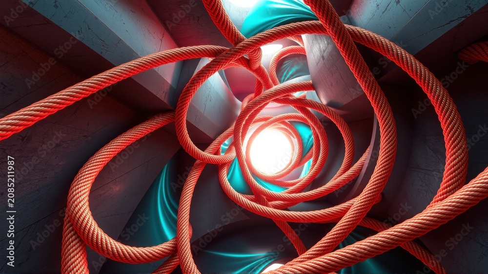 Fototapeta premium Abstract tunnel, vibrant colors, circular design. Red ropes intertwine with cyan light, creating dynamic visual effect. Dark background enhances luminosity.
