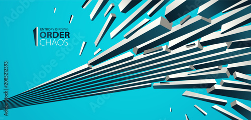 Konstfotografi Entropy concept vector abstract background with debris flying in chaos, destruct