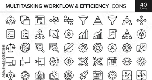 Multitasking Workflow And Efficiency Outline Icon Set With Task Management Productivity Process And Performance Symbols Tools