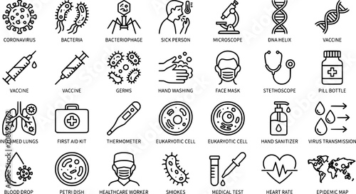 Virus icon set in outline style. Containing virus, germ, bacteria, infection, disease, healthcare, and biology icons. Editable stroke. Vector icon collection