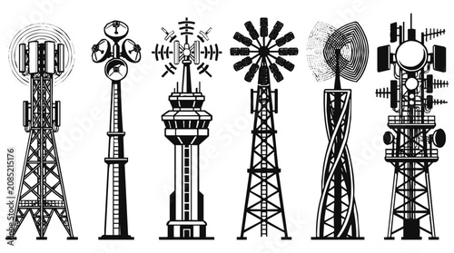 Collection of black communication tower icons and telecommunication antenna silhouettes for network transmission and wireless mobile signal.