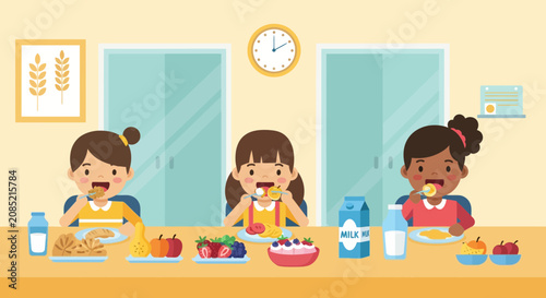 Diverse children enjoying a healthy breakfast with fruits and milk at a communal table