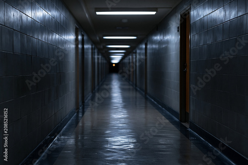 Long Empty Apartment Hallway with Open Door and Cinematic Psychological Horror Mood