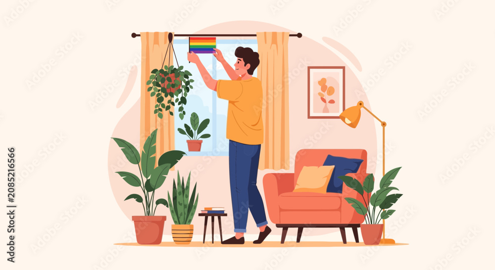 Fototapeta premium Young adult proudly hangs the rainbow pride flag in a cozy home interior with plants and furniture