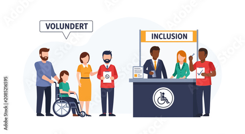 Diverse volunteers offering support and inclusion at an accessibility service desk