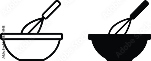 Obraz na plátně Modern Minimalist Kitchenware Collection, Flat Culinary Food Prep Clip Art Stamps, Mixing Bowl and Whisk Vector Icon Set, Baking Utensils Silhouette and Outline, vector, illustration, silhouette