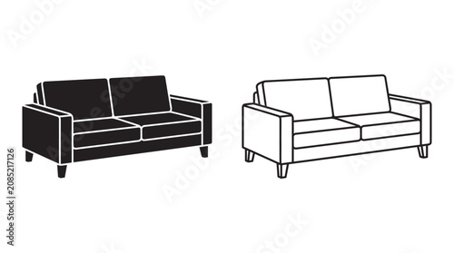 Bild auf Leinwand Two sofas one black silhouette and one line drawing on white background silhouet