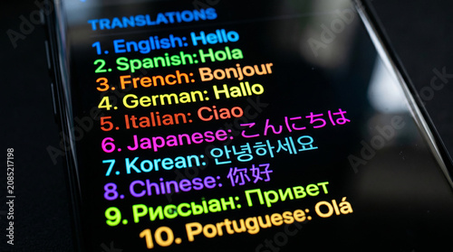 Multi language translations of hello on mobile device screen