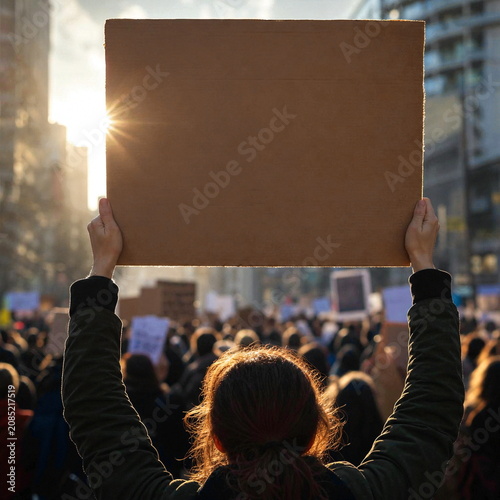 Person holding empty cardboard sign at outdoor rally.
