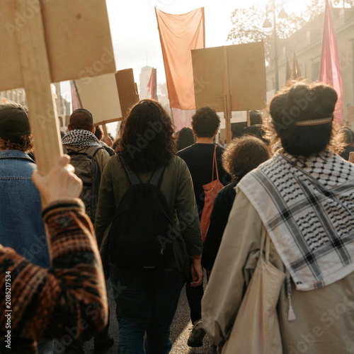 People marching in street demonstration with signs.