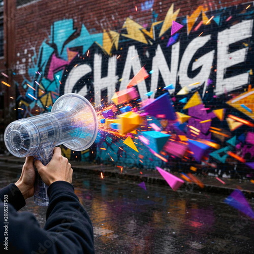Person using transparent megaphone in front of change graffiti.